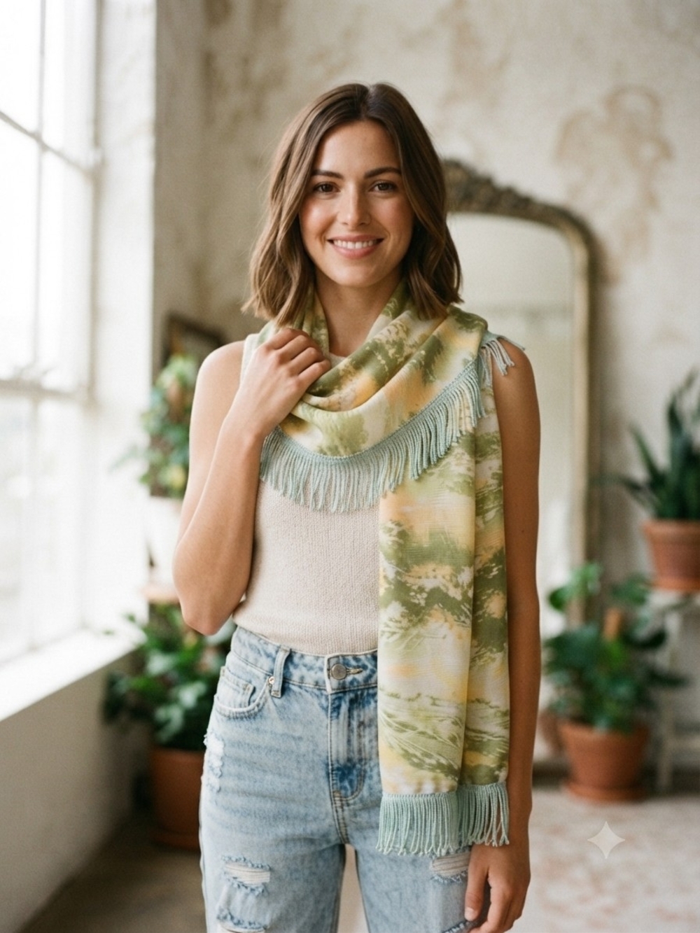 Elegant Sage Green & Yellow Abstract Print Fringe Scarf